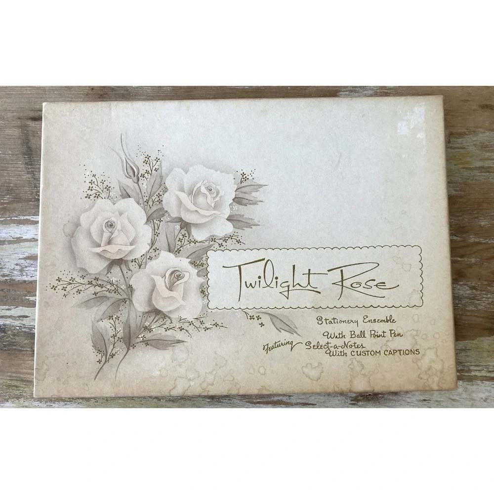 Vintage stationery Twilight Rose note paper gummed captions pink brown 1950's